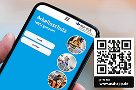 Arbeitsschutz leicht gemacht! Smartphone mit ASD APP vor verschwommenem Hintergrund