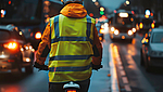 Ein Fahrradfahrer mit Warnweste bei Dämmerung im Straßenverkehr
