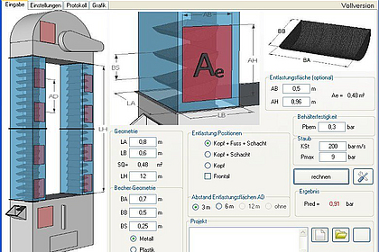 Fenster des Moduls BeVent aus ExProtect zur Dimensionierung von Druckentlastungsflächen an Elevatoren