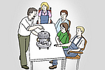 Illustration von fünf Personen an einem Tisch, ein Mann erklärt den anderen eine Maschine, die auf dem Tisch steht.