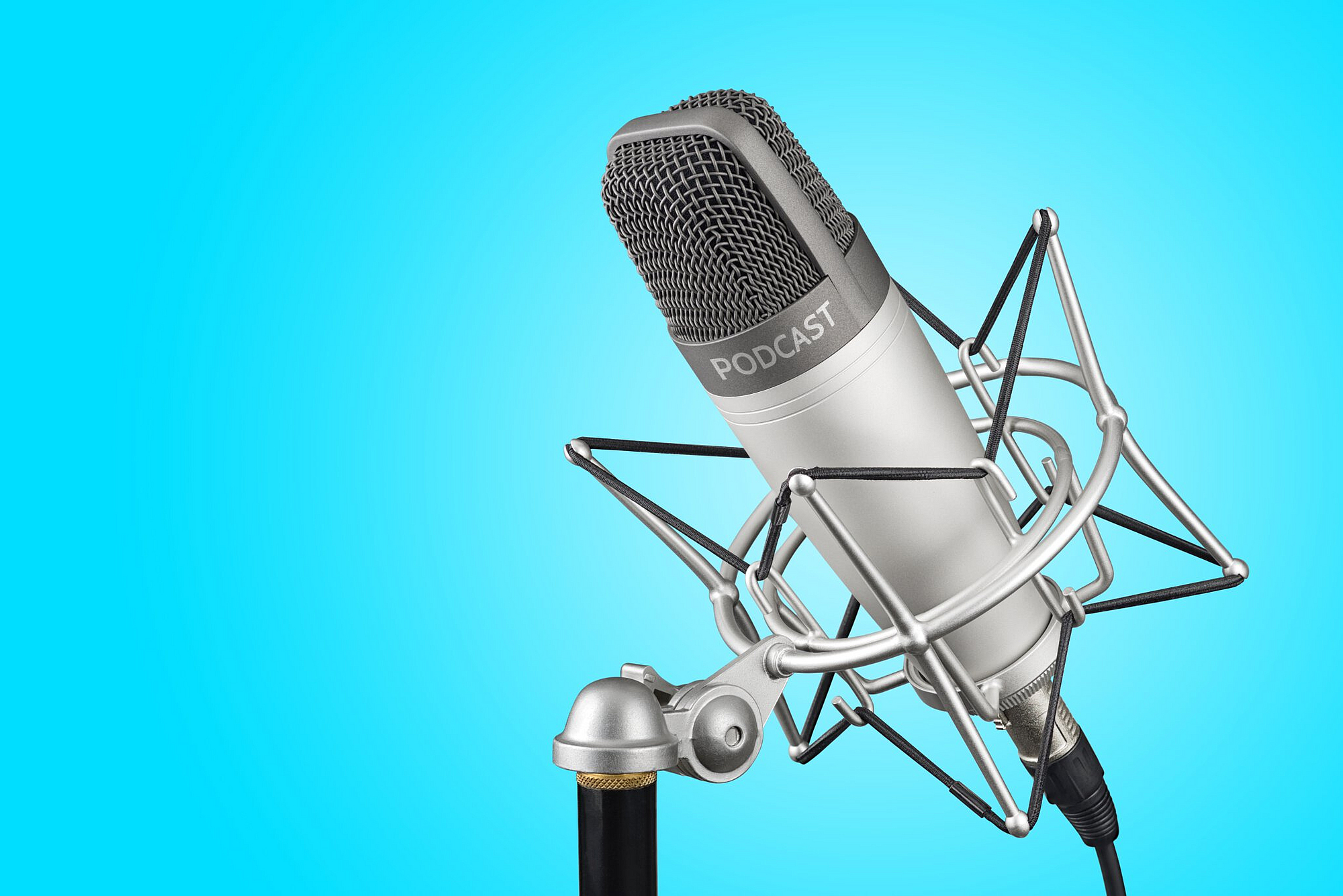 Silbernes Studiokondensatormikrofon mit Podcast-Wort