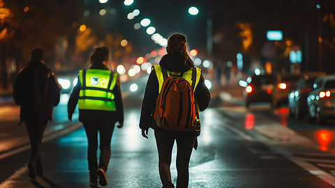 Personen, die reflektierende Westen tragen, gehen sicher auf einer gut beleuchteten Stadtstraße während der Nachtzeit mit vorbeifahrendem Verkehr