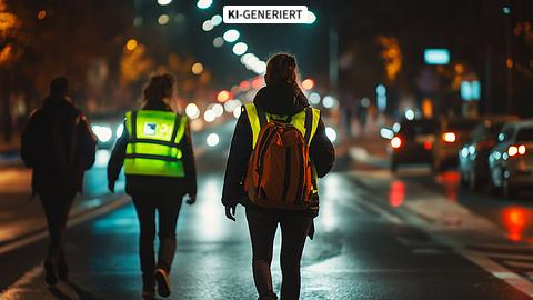 Personen, die reflektierende Westen tragen, gehen sicher auf einer gut beleuchteten Stadtstraße während der Nachtzeit mit vorbeifahrendem Verkehr