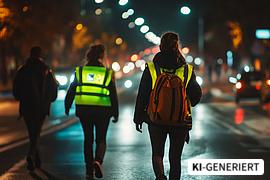 Personen, die reflektierende Westen tragen, gehen sicher auf einer gut beleuchteten Stadtstraße während der Nachtzeit mit vorbeifahrendem Verkehr